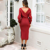 Woochic V-neck sweater dress batwing sleeve stitching high waist