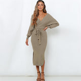 Woochic robe pull col en V manches chauve-souris couture taille haute