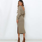 Woochic robe pull col en V manches chauve-souris couture taille haute