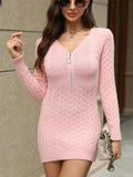 Woochic Tight Sweater Dress V-Neck Zipper Long Sleeve