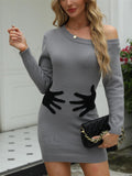 woochic knitted boat neck embroidered oblique shoulder sweater dress