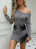 woochic knitted boat neck embroidered oblique shoulder sweater dress